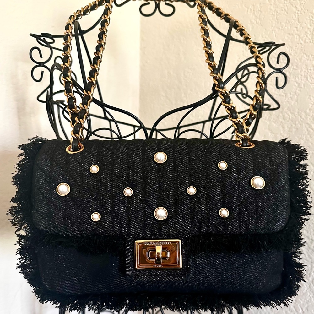 NWT Elegant Karl Lagerfeld Paris Agyness Black Denim Bag w/ Pearl Embellishments